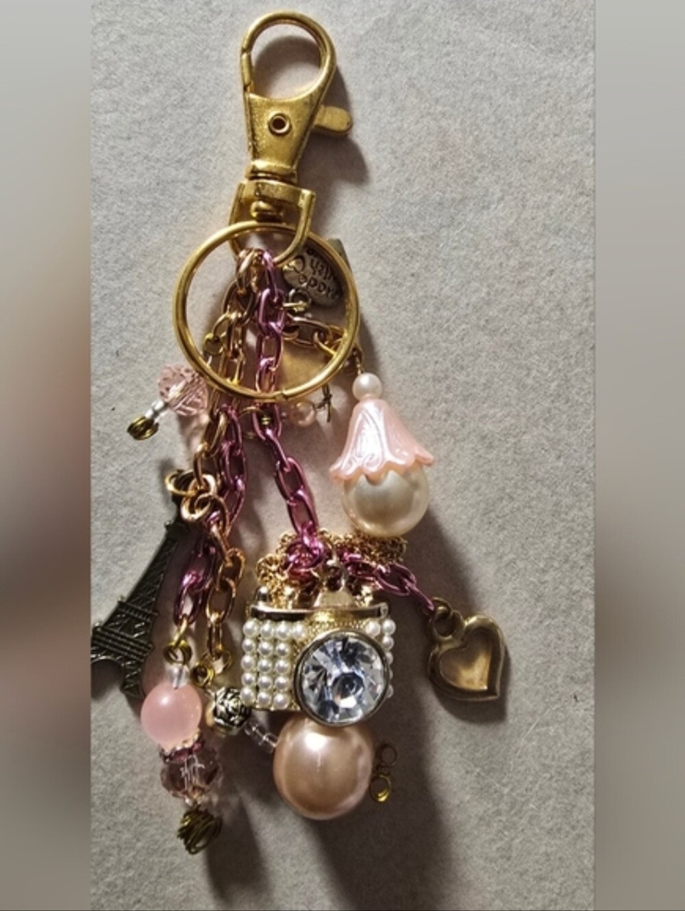 Gold & Pink Pearl Camera Charm Keychain/Purse Charm One Of A Kind Handcrafted - Picture 9 of 11